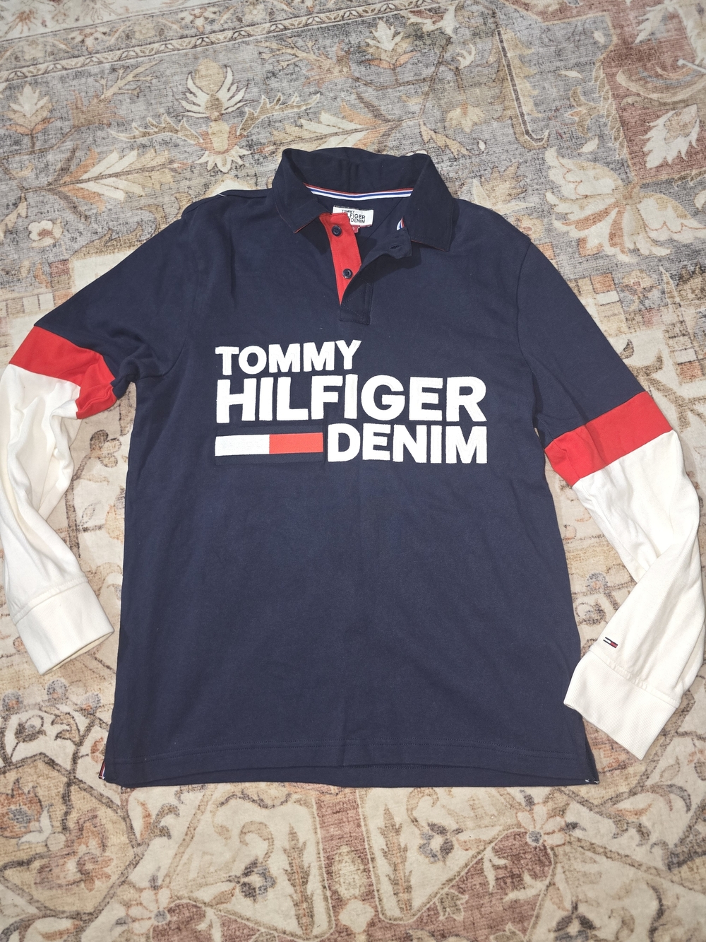 Tommy Hilfiger Navy Long-Sleeve Logo Rugby Polo with Red & White Accents